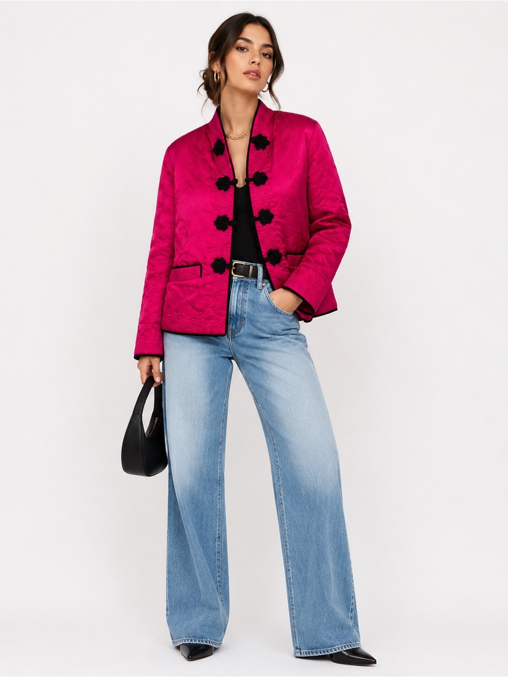 Vintage Jacquard Peony Fuchsia Pink Quilted Brocade Mandarin Eleanor Jacket
